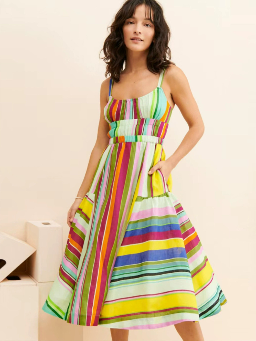 ZARA Colorful Striped Sexy Backless Strappy Boho Flared Vacation Dress